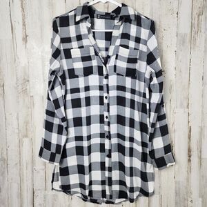 New York & Company Plaid Button Down Shirt Black and White Size Small